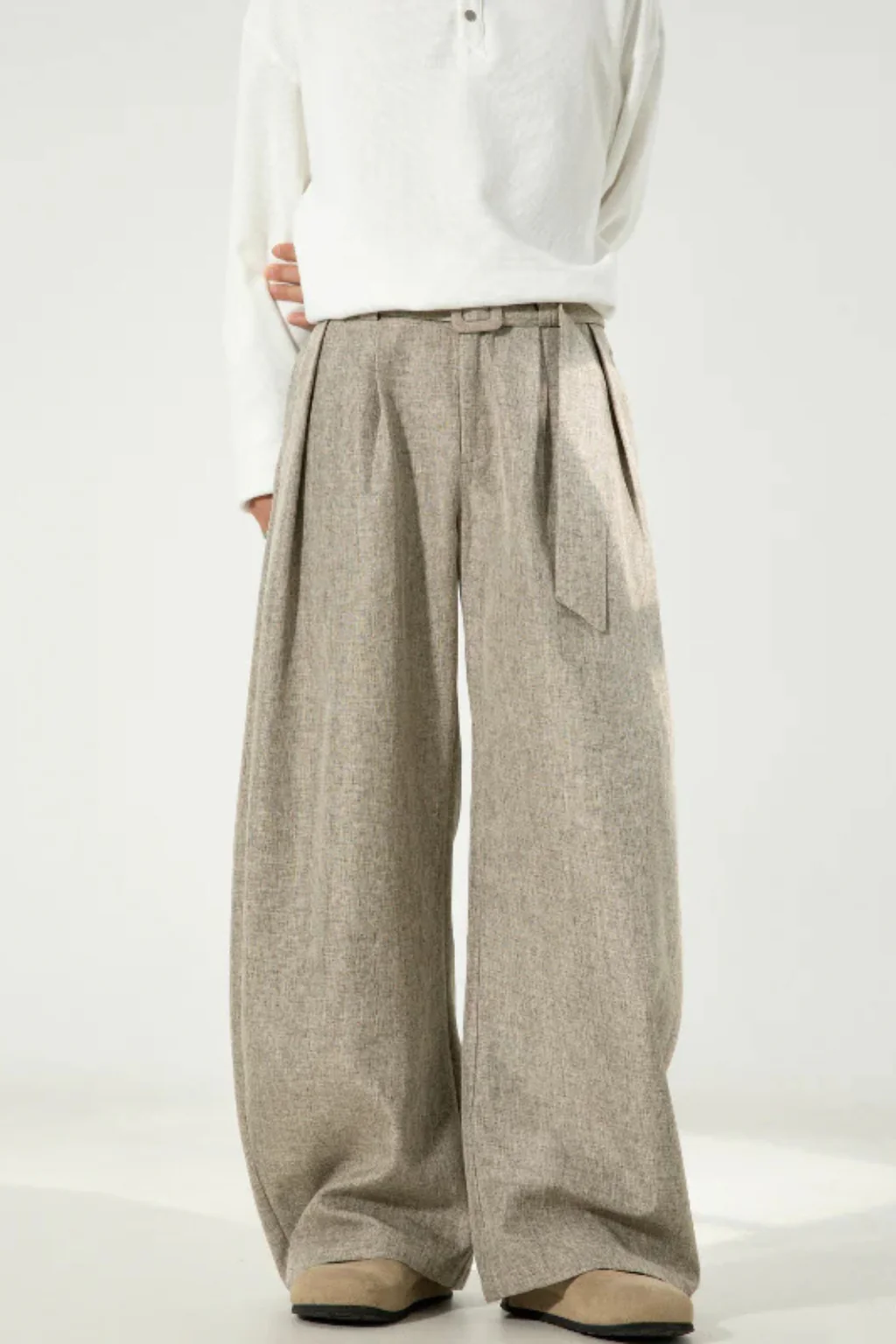 Ledger | Men High Waist Pleated Wide Leg Trousers with Adjustable Belt - Image 6