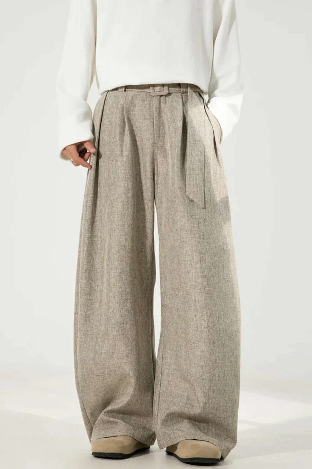 Ledger | Men High Waist Pleated Wide Leg Trousers with Adjustable Belt - Image 7