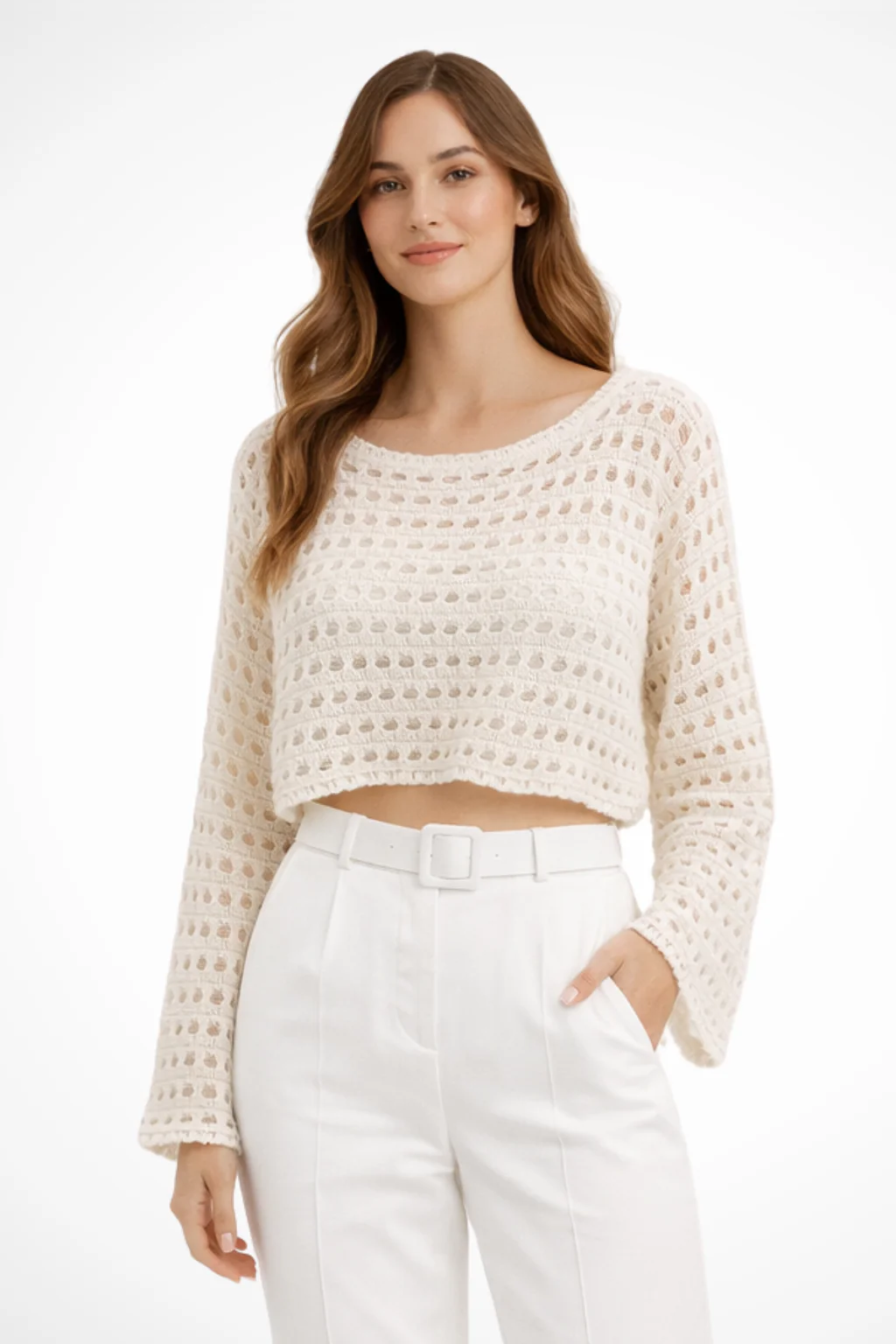 Lunara | Women Crochet Knit Long Sleeve Crop Top - Image 3