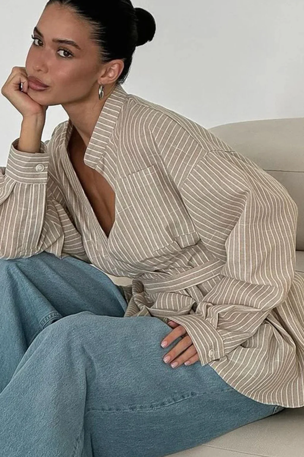 Maren | Women Stand Collar Long Sleeve Belted Striped Shirt - Image 3