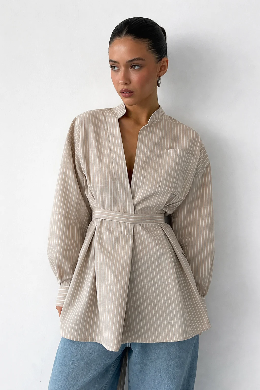 Maren | Women Stand Collar Long Sleeve Belted Striped Shirt - Image 4