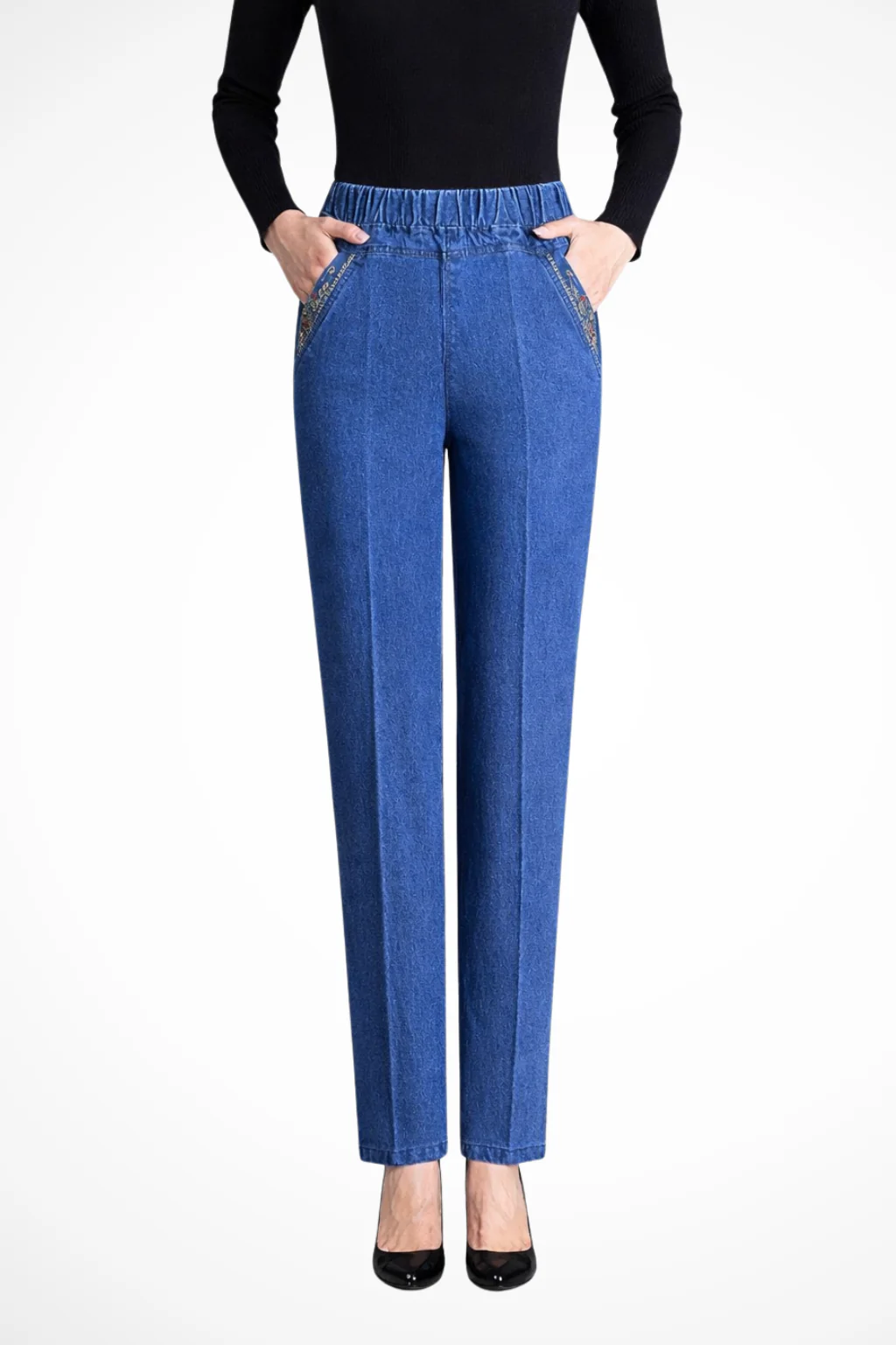 Millie | Women Elastic Waist Straight Leg Denim Trousers with Embroidered Detail - Image 3