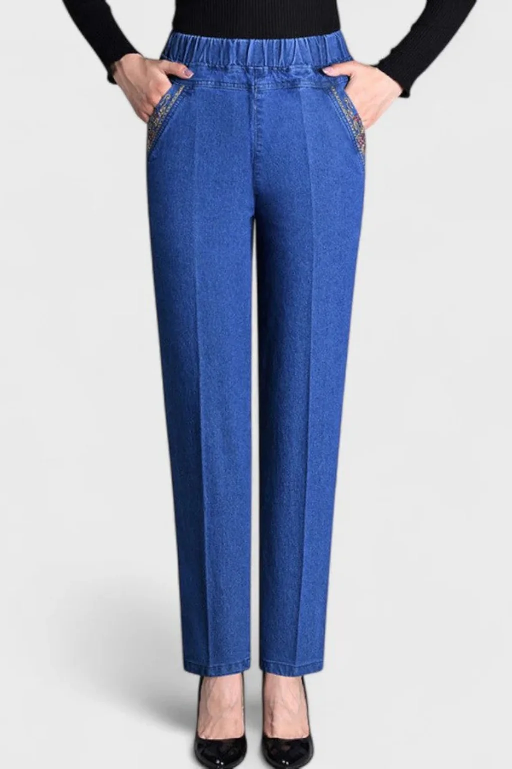 Millie | Women Elastic Waist Straight Leg Denim Trousers with Embroidered Detail - Image 4