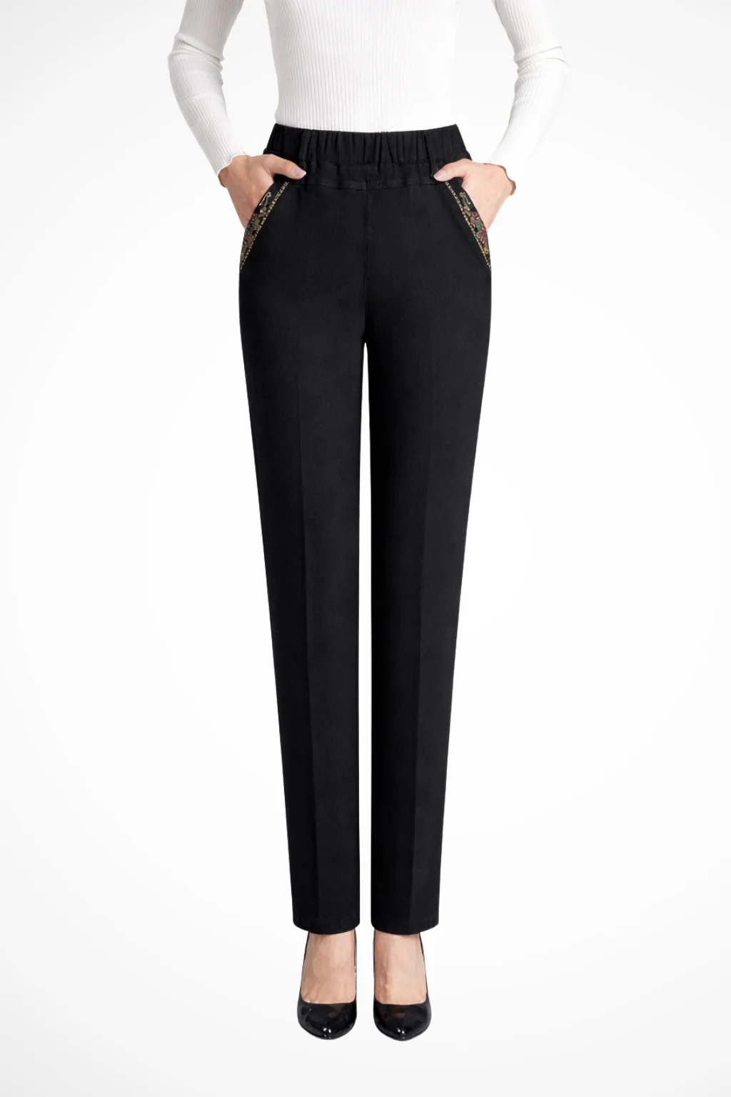 Millie | Women Elastic Waist Straight Leg Denim Trousers with Embroidered Detail - Image 5