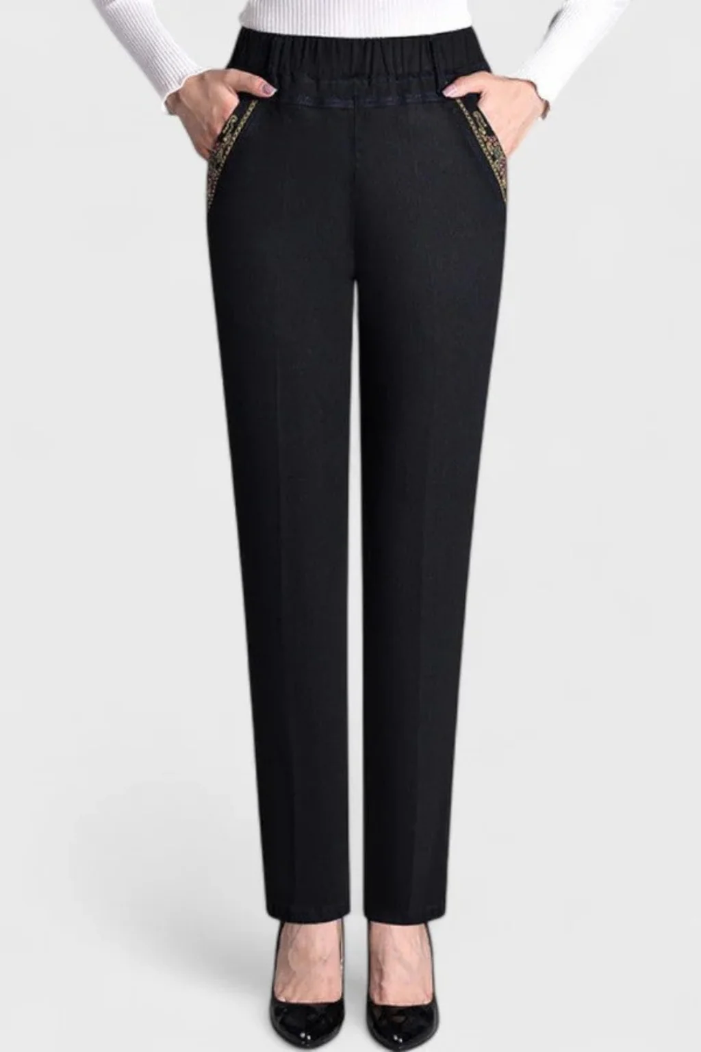 Millie | Women Elastic Waist Straight Leg Denim Trousers with Embroidered Detail - Image 6