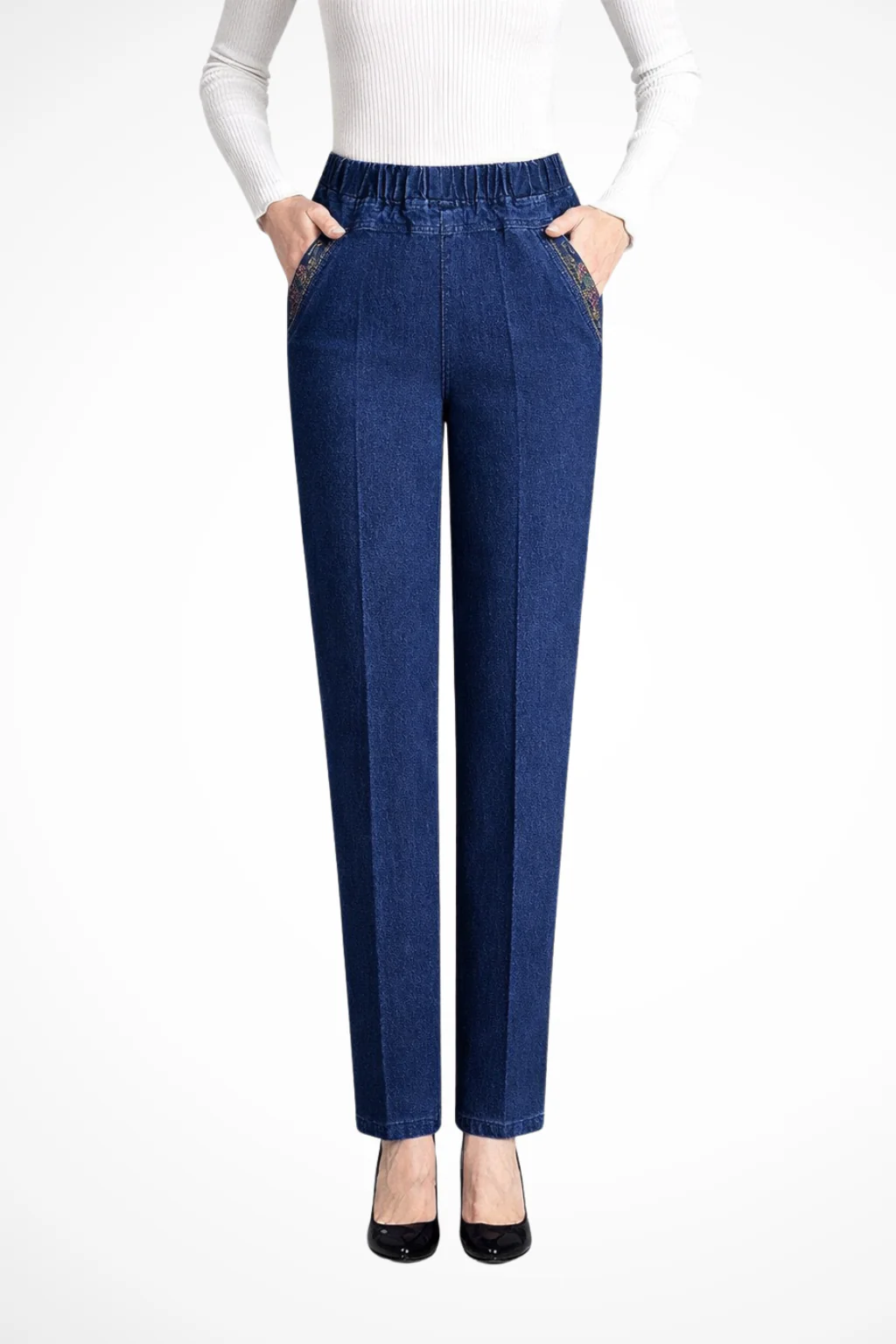 Millie | Women Elastic Waist Straight Leg Denim Trousers with Embroidered Detail - Image 7