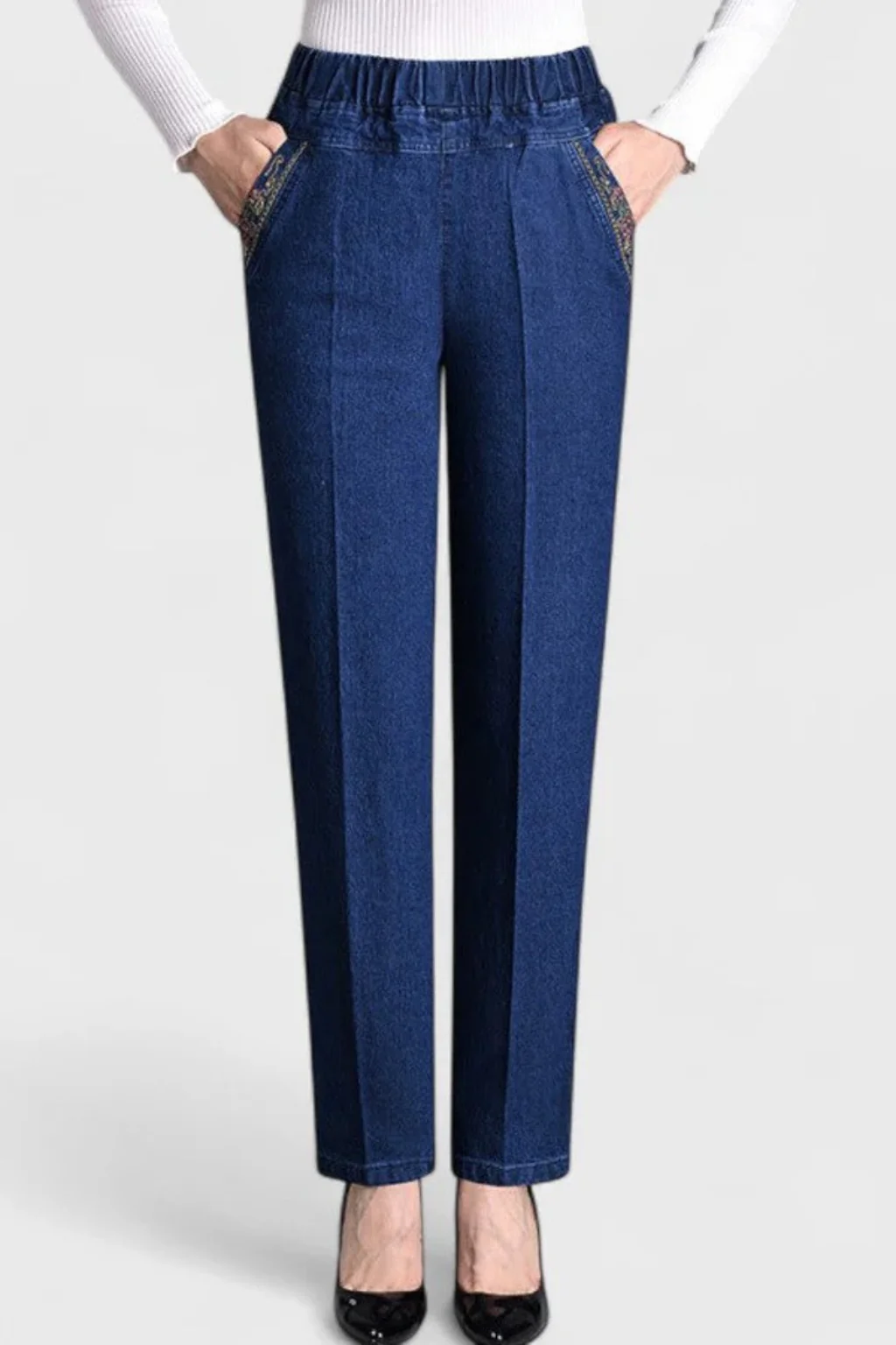 Millie | Women Elastic Waist Straight Leg Denim Trousers with Embroidered Detail - Image 8