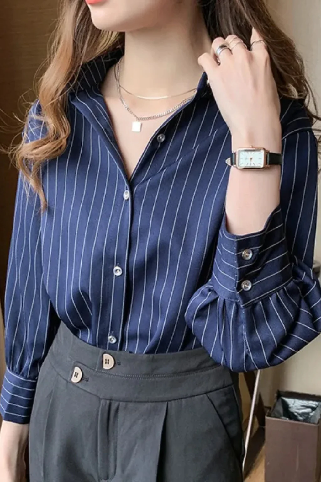 Nella | Women Turn Down Collar Long Sleeve Striped Shirt - Image 5
