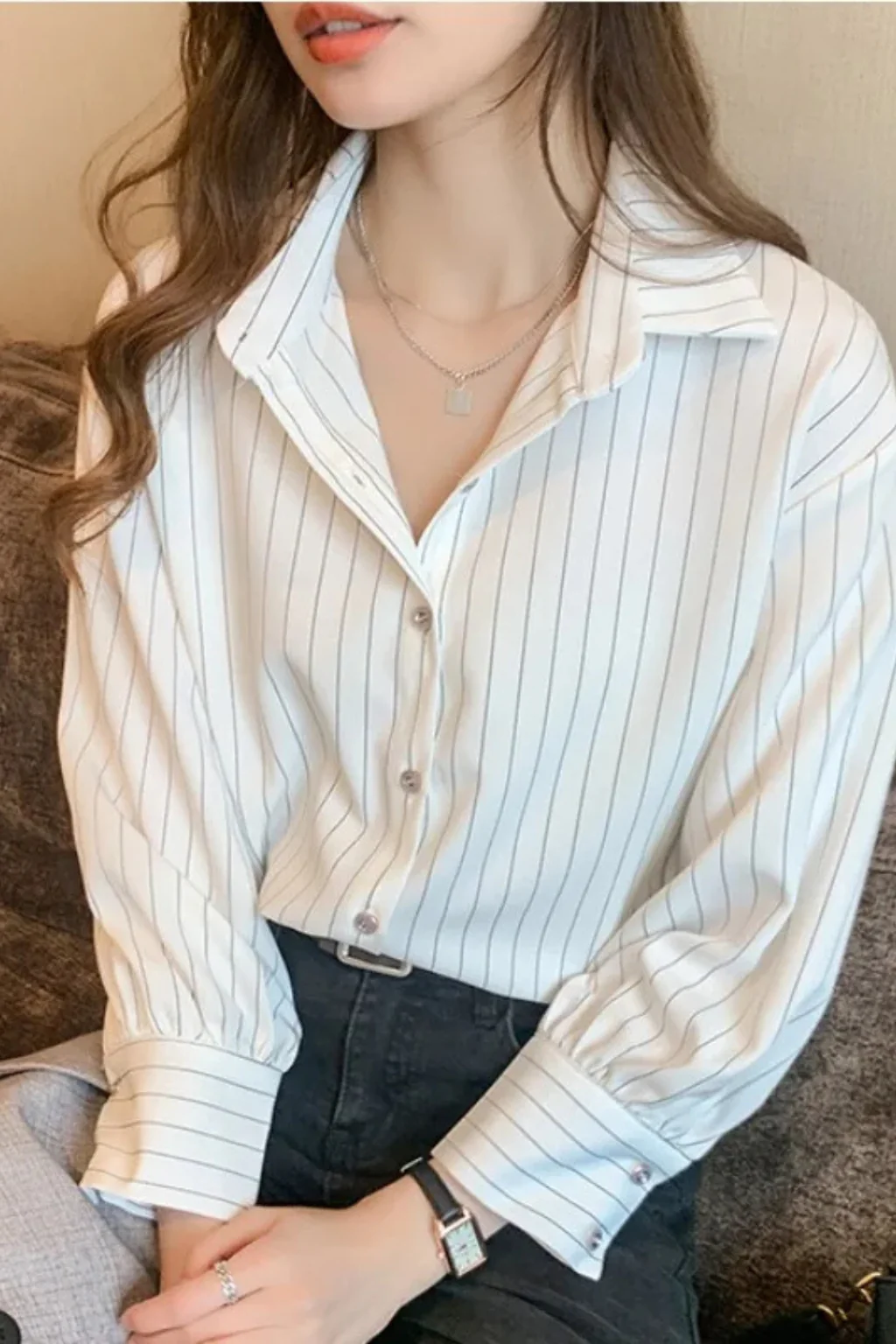 Nella | Women Turn Down Collar Long Sleeve Striped Shirt - Image 8