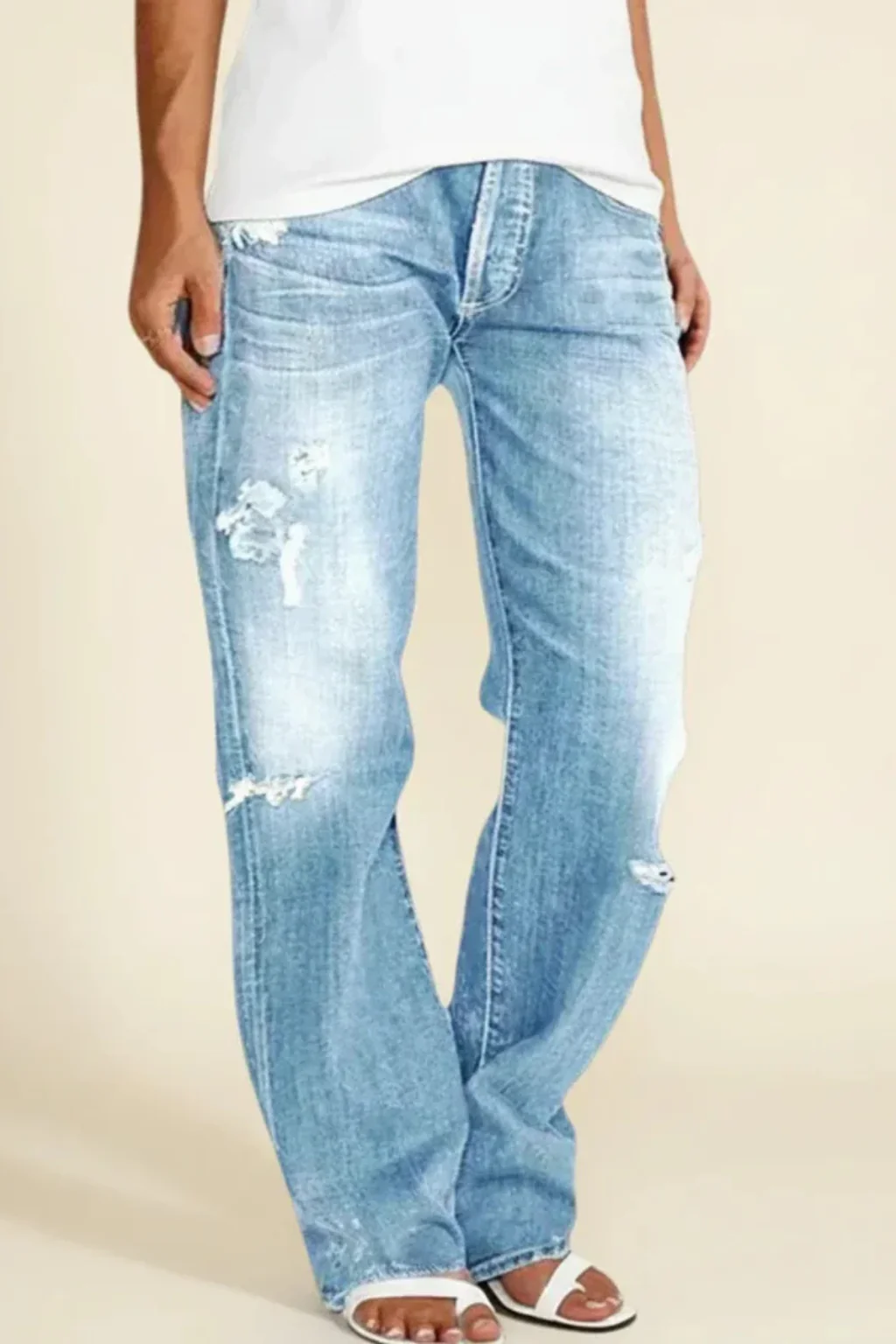 Paige | Women Distressed Mid Rise Straight Leg Jeans - Image 10