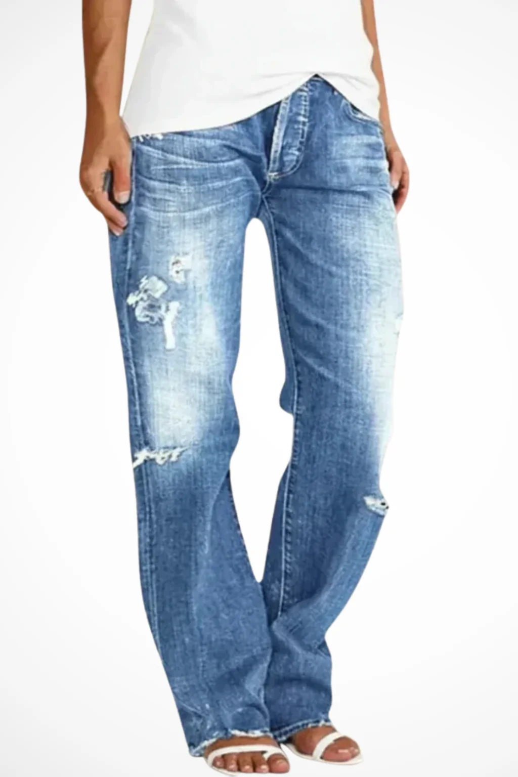 Paige | Women Distressed Mid Rise Straight Leg Jeans - Image 3