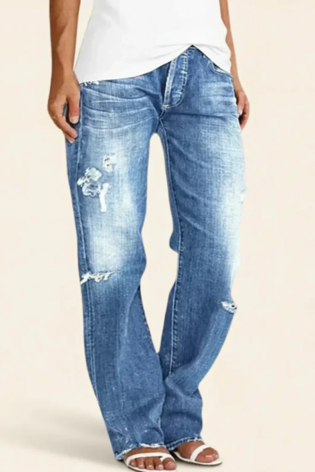 Paige | Women Distressed Mid Rise Straight Leg Jeans - Image 4