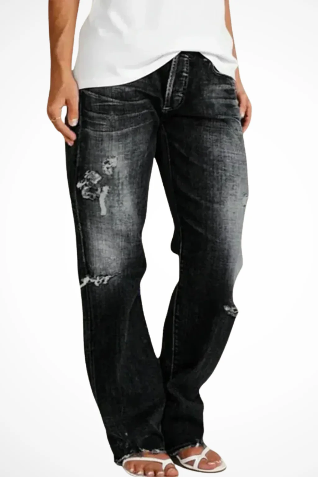 Paige | Women Distressed Mid Rise Straight Leg Jeans - Image 5