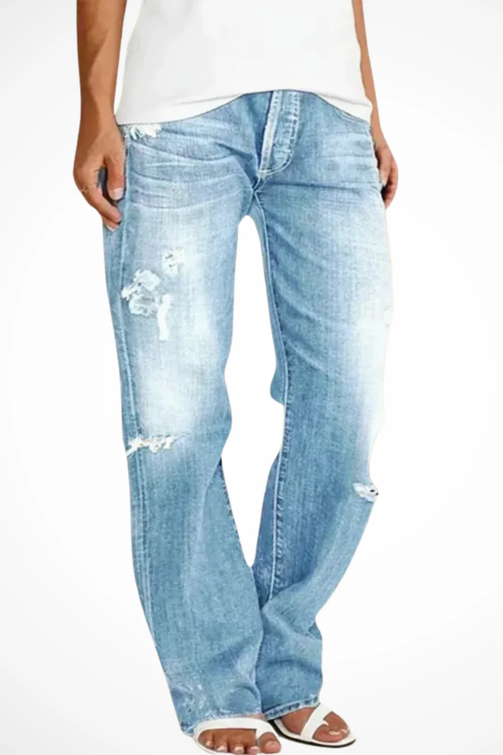 Paige | Women Distressed Mid Rise Straight Leg Jeans - Image 6