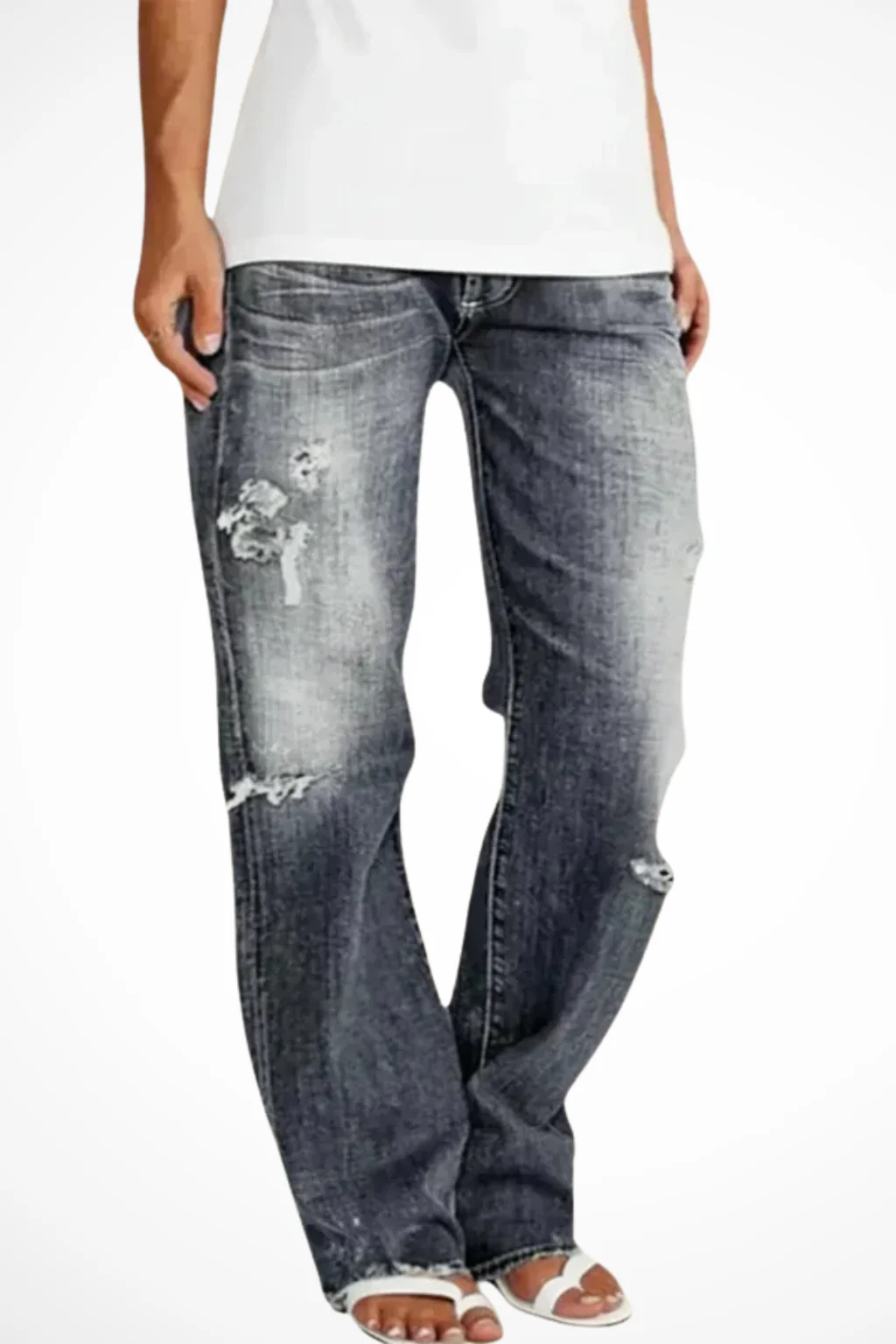 Paige | Women Distressed Mid Rise Straight Leg Jeans - Image 7