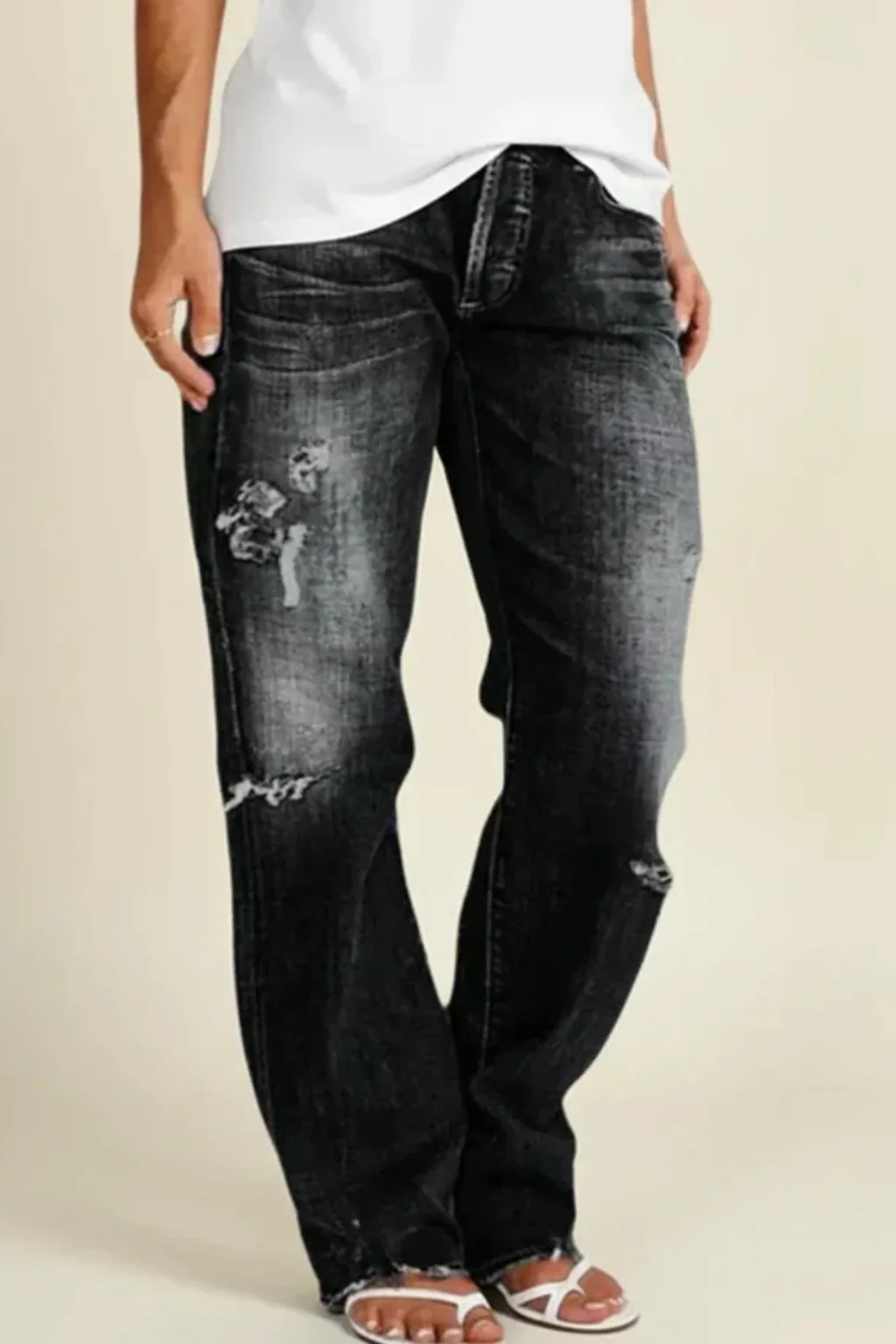 Paige | Women Distressed Mid Rise Straight Leg Jeans - Image 8