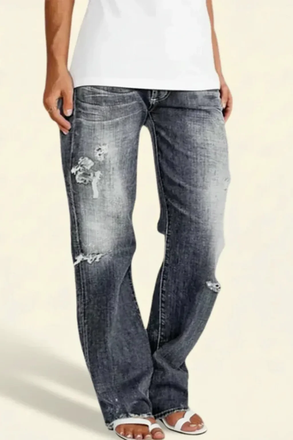 Paige | Women Distressed Mid Rise Straight Leg Jeans - Image 9