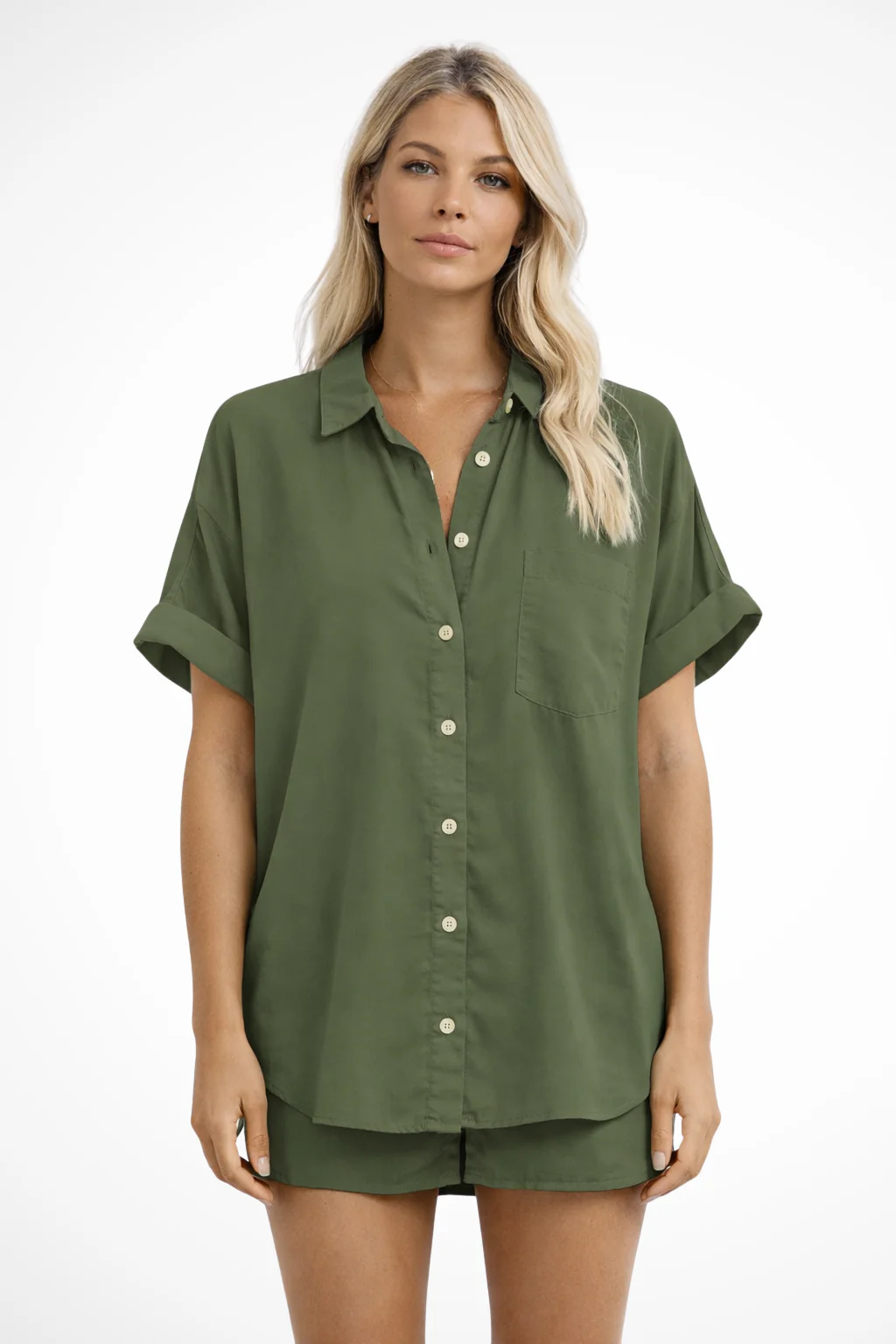 Phoebe | Women Short Sleeve Button Down Oversized Shirt with Chest Pocket - Image 10