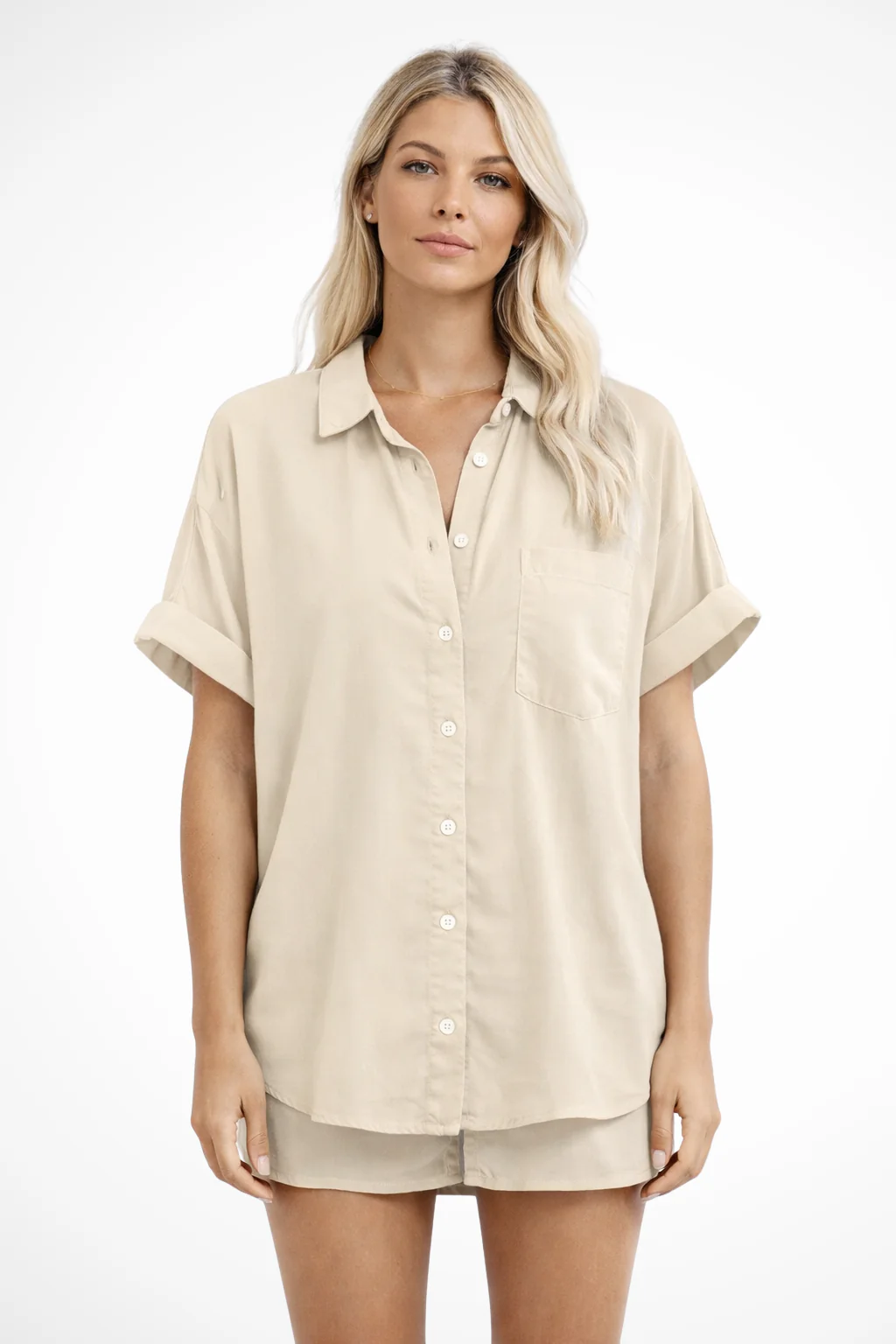 Phoebe | Women Short Sleeve Button Down Oversized Shirt with Chest Pocket - Image 12