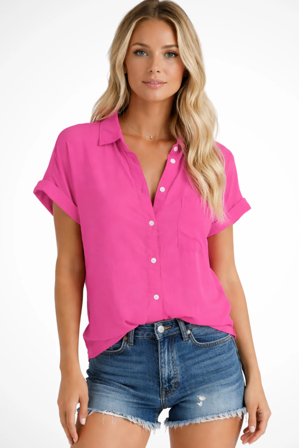 Phoebe | Women Short Sleeve Button Down Oversized Shirt with Chest Pocket - Image 13