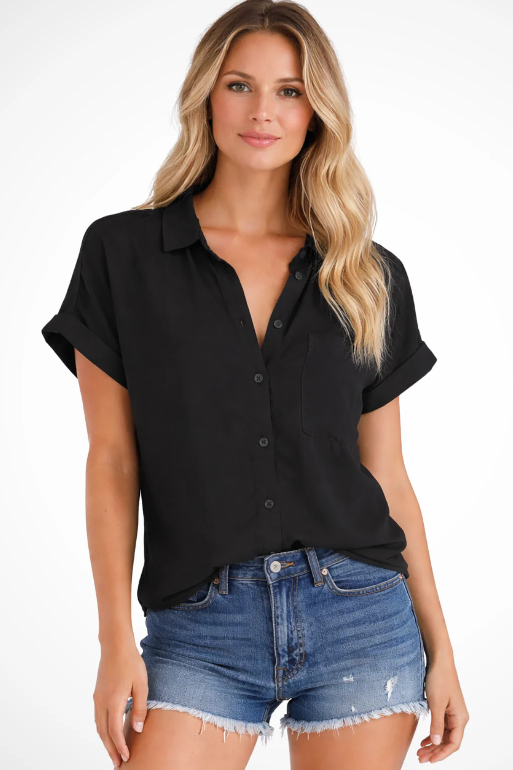 Phoebe | Women Short Sleeve Button Down Oversized Shirt with Chest Pocket - Image 16