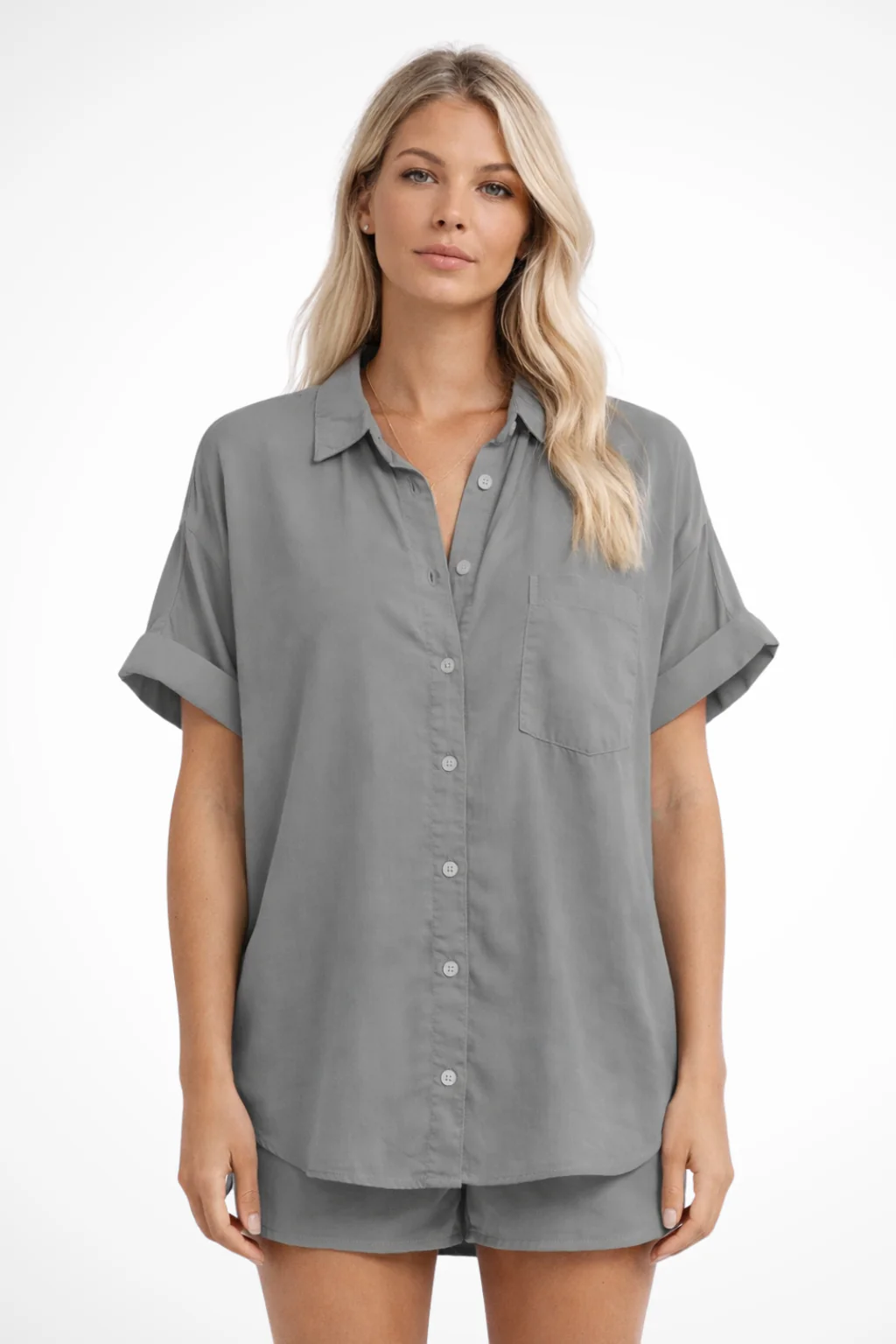 Phoebe | Women Short Sleeve Button Down Oversized Shirt with Chest Pocket - Image 17