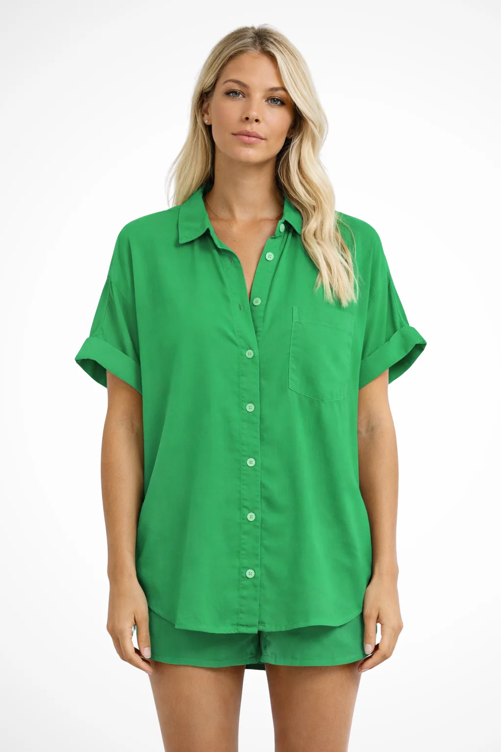 Phoebe | Women Short Sleeve Button Down Oversized Shirt with Chest Pocket - Image 9