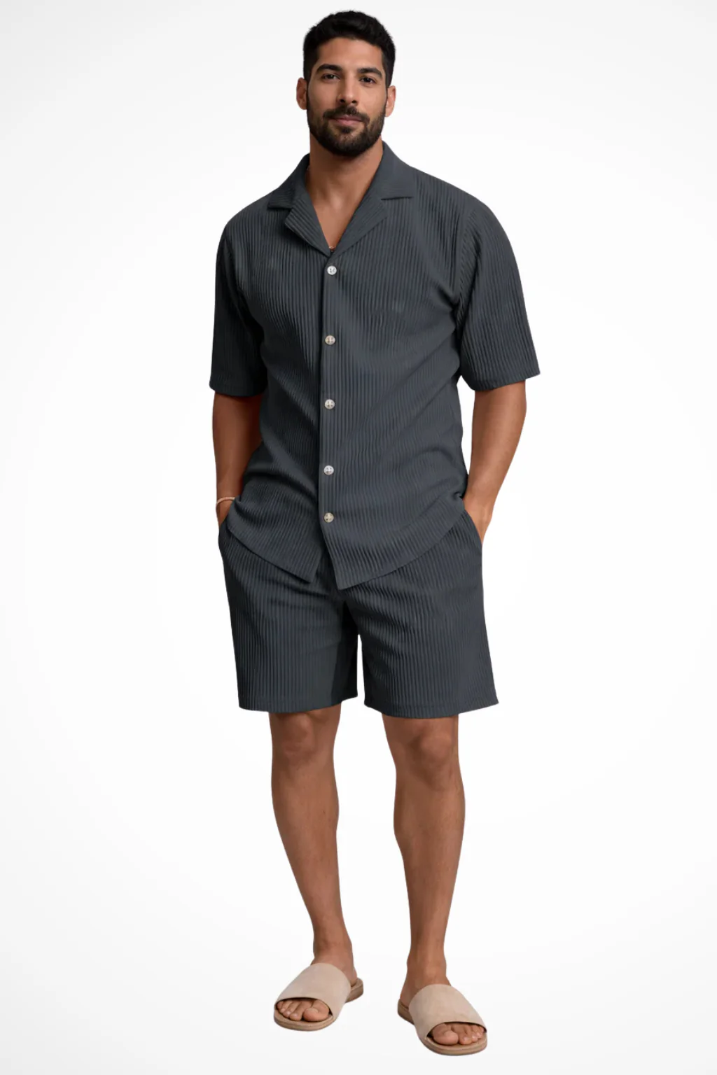 Ralston | Men Short Sleeve Textured Shirt and Shorts Summer Outfit Set - Image 4