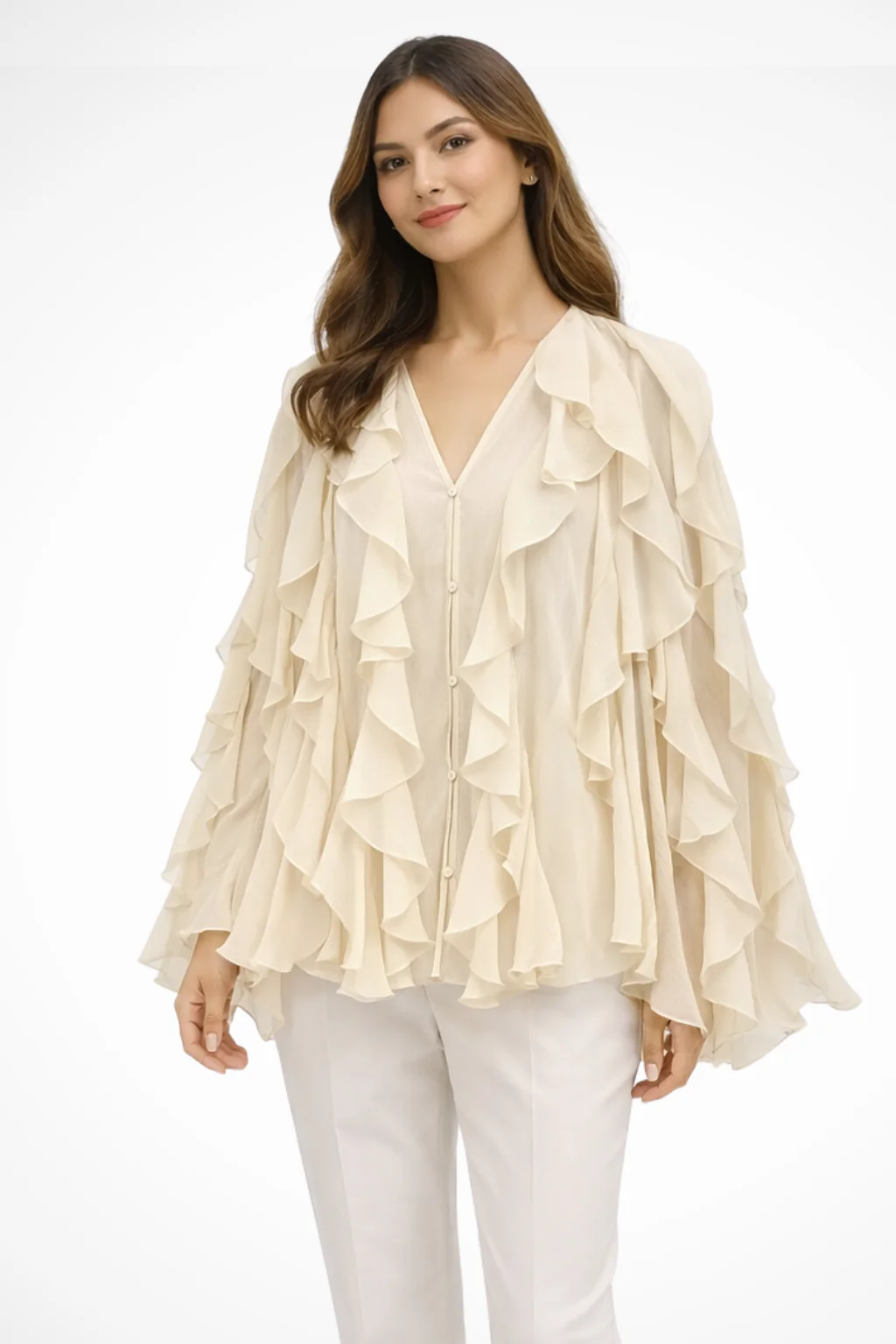 Ravielle | Women Ruffled V Neck Long Sleeve Blouse - Image 3