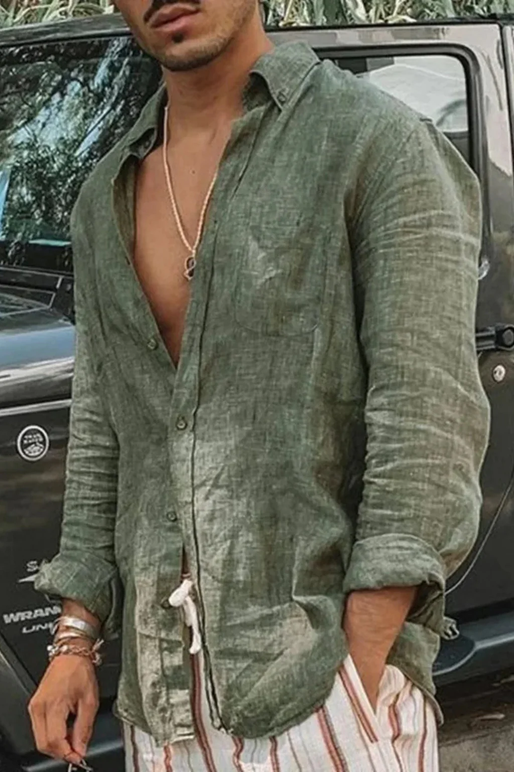 Roman | Men Relaxed Fit Long Sleeve Linen Button Down Shirt - Image 3