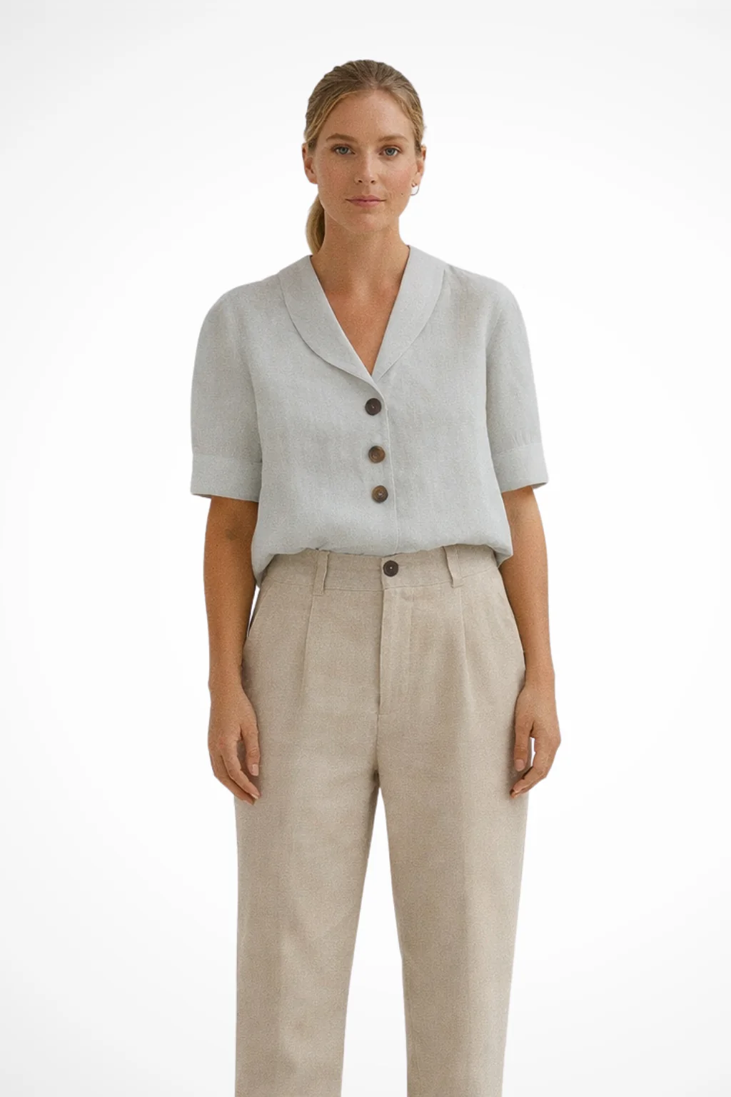 Solène | Women Casual Button Front Linen Blend Blouse with Soft Collar - Image 3
