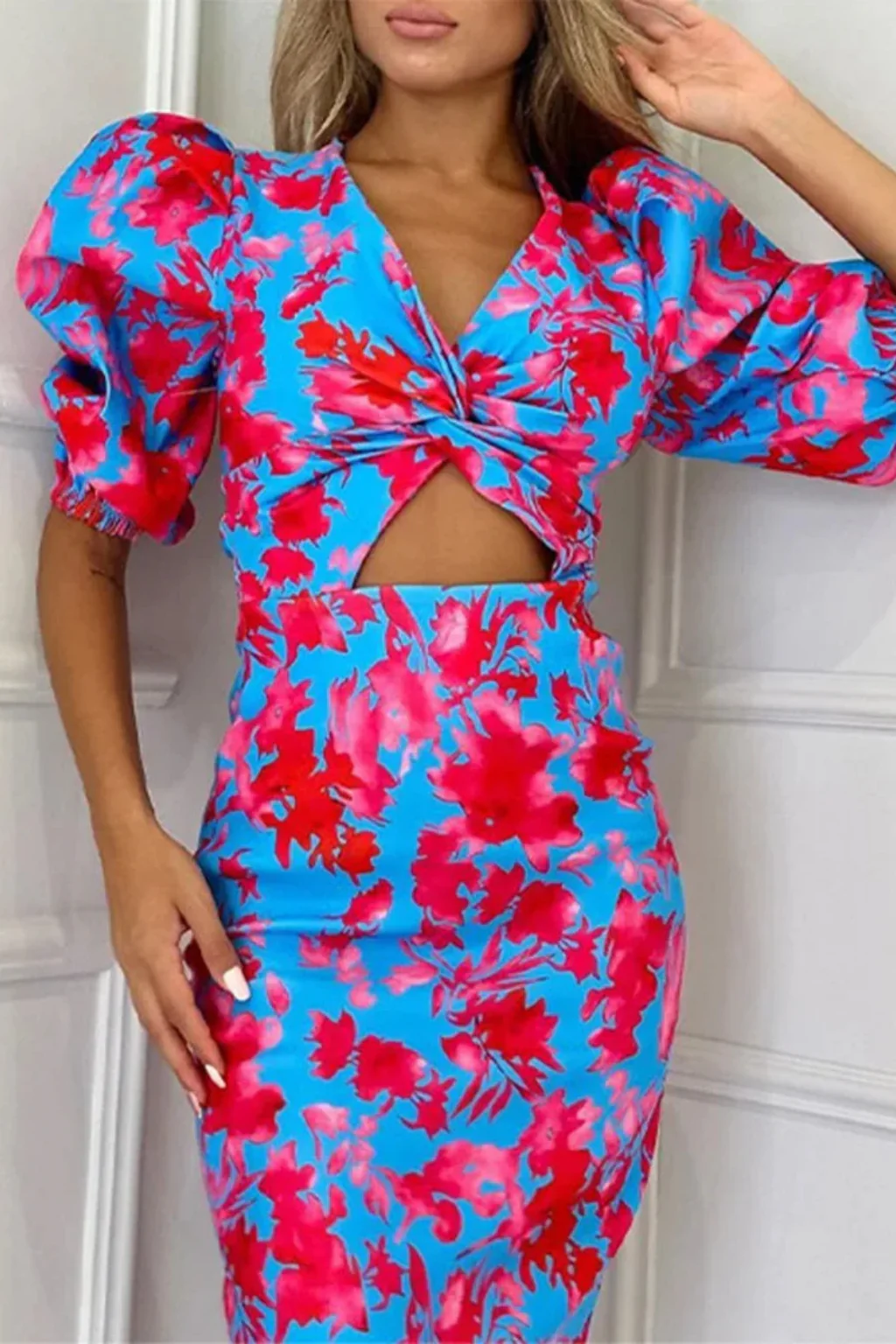 Sophia | Women Printed Puff Sleeve Occasion Summer Midi Dress - Image 4