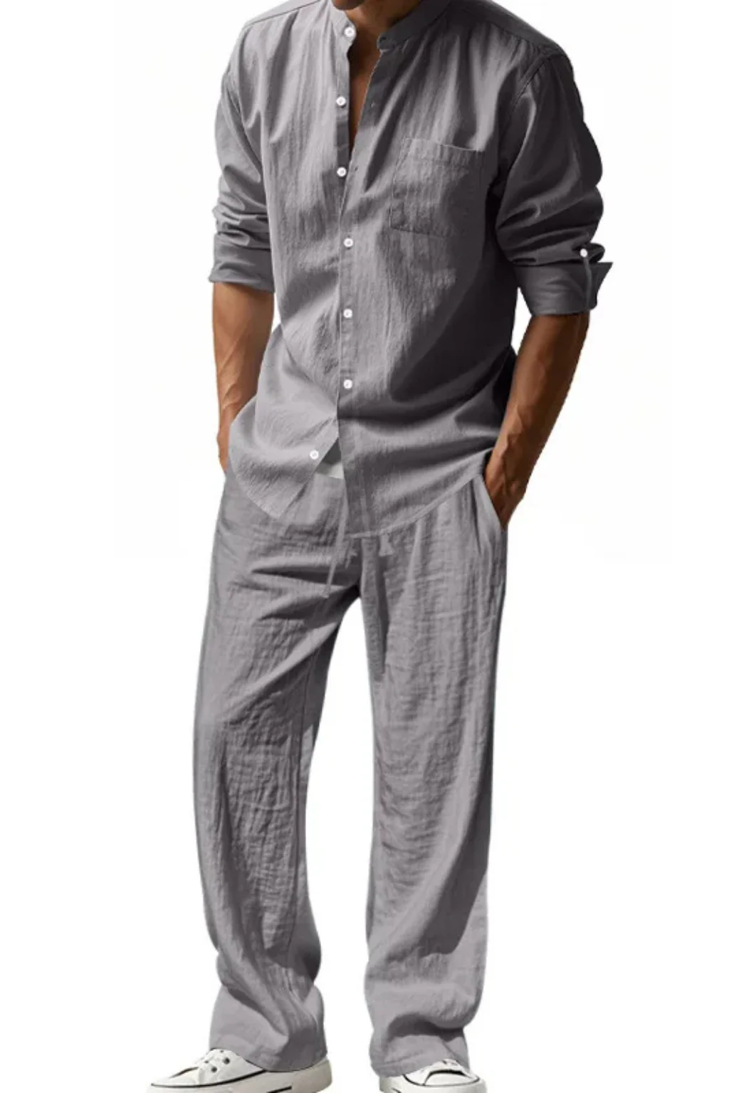 Stanton | Men Grandad Collar Long Sleeve Linen Shirt and Straight Leg Trousers Set - Image 10