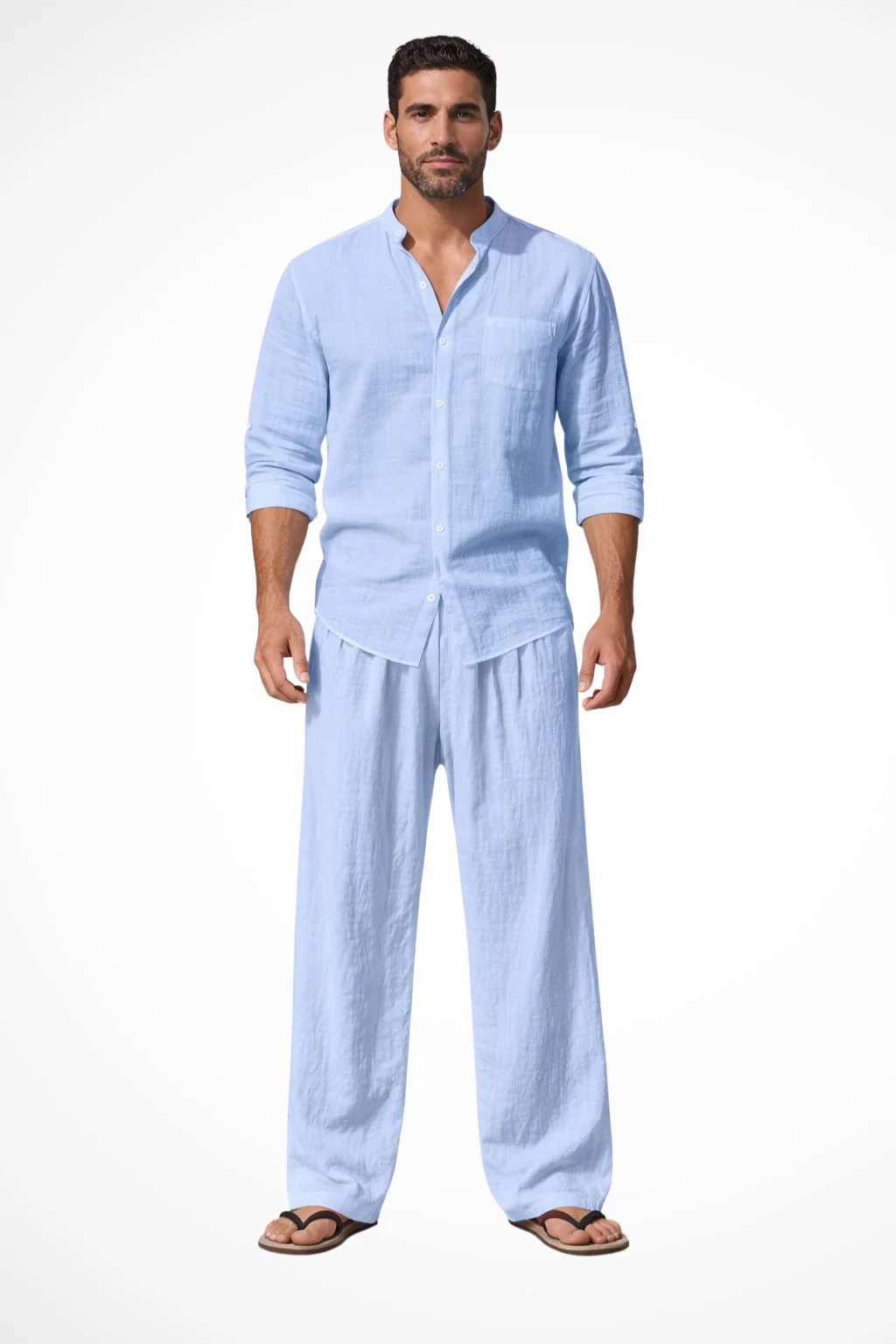 Stanton | Men Grandad Collar Long Sleeve Linen Shirt and Straight Leg Trousers Set - Image 11