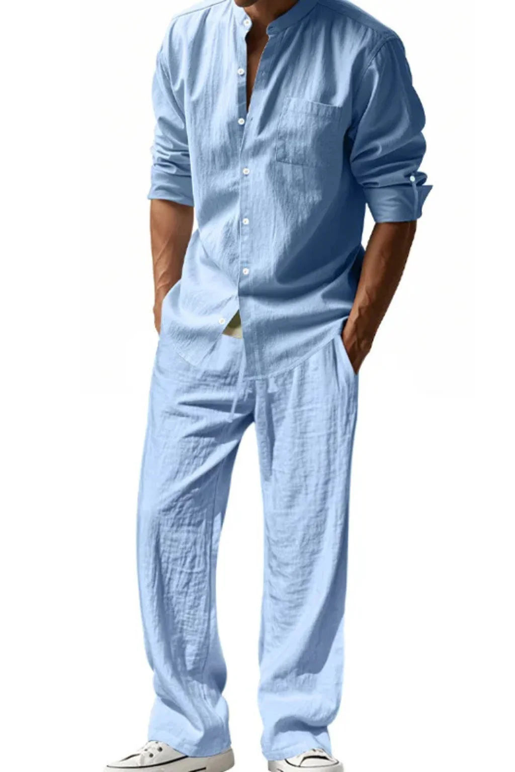 Stanton | Men Grandad Collar Long Sleeve Linen Shirt and Straight Leg Trousers Set - Image 12
