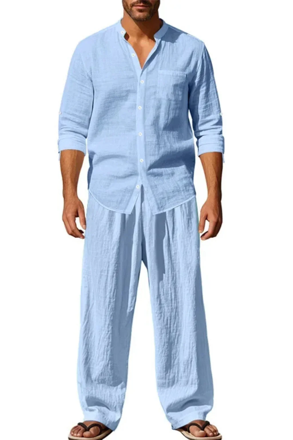 Stanton | Men Grandad Collar Long Sleeve Linen Shirt and Straight Leg Trousers Set - Image 13
