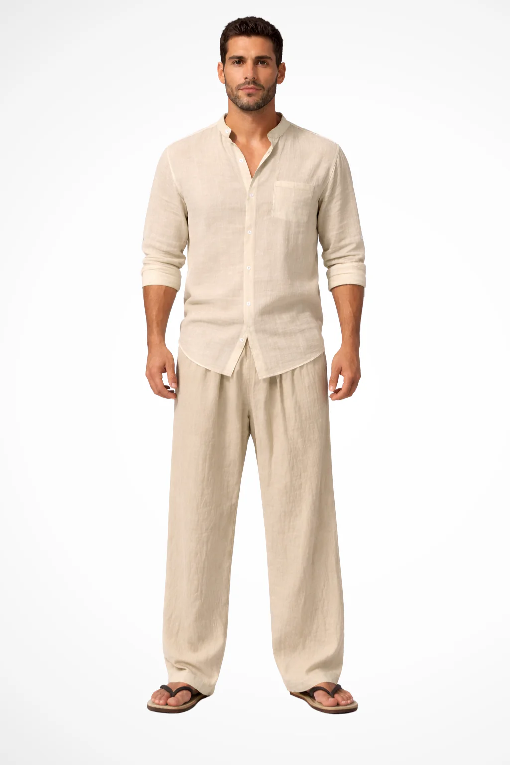 Stanton | Men Grandad Collar Long Sleeve Linen Shirt and Straight Leg Trousers Set - Image 14