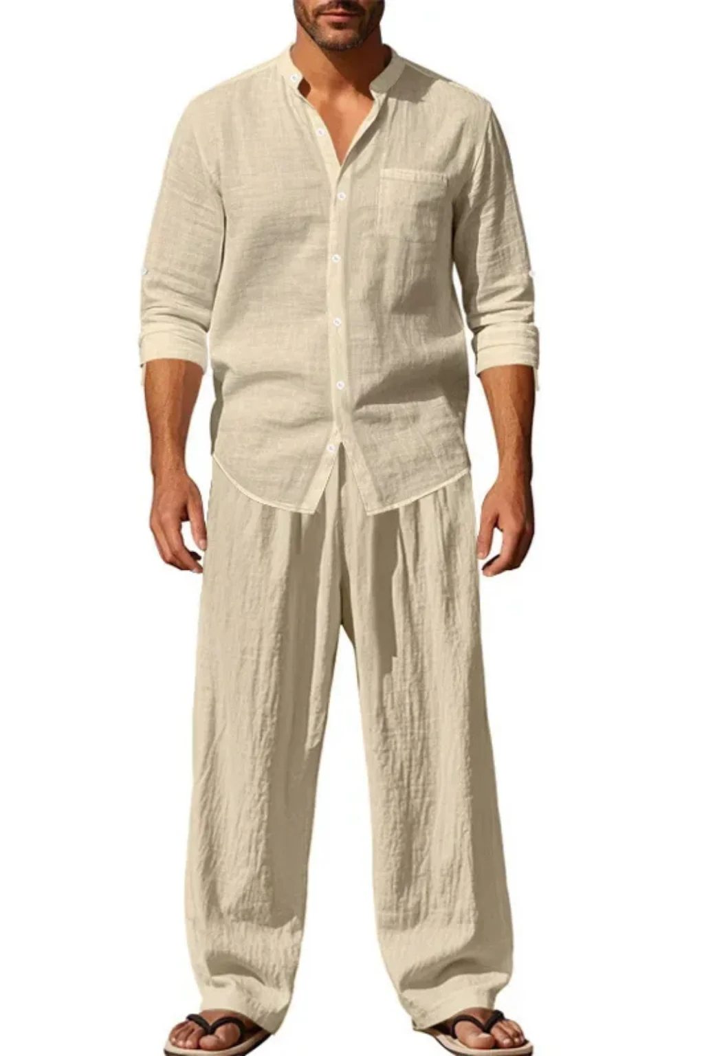 Stanton | Men Grandad Collar Long Sleeve Linen Shirt and Straight Leg Trousers Set - Image 15