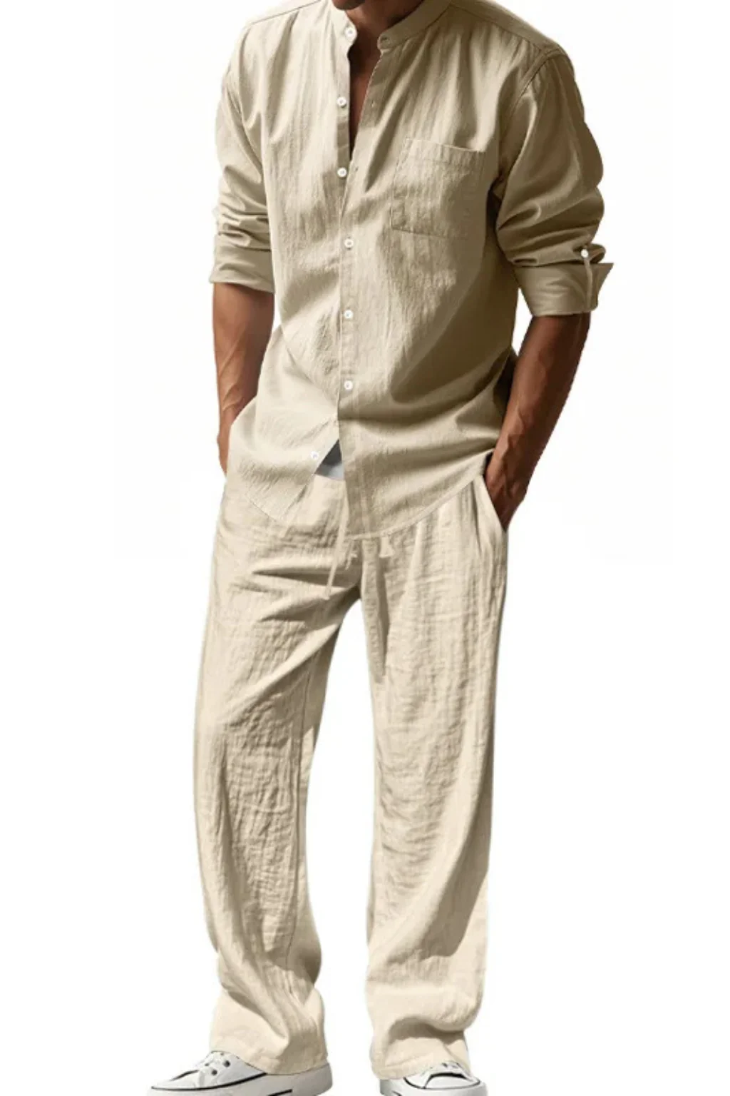 Stanton | Men Grandad Collar Long Sleeve Linen Shirt and Straight Leg Trousers Set - Image 16