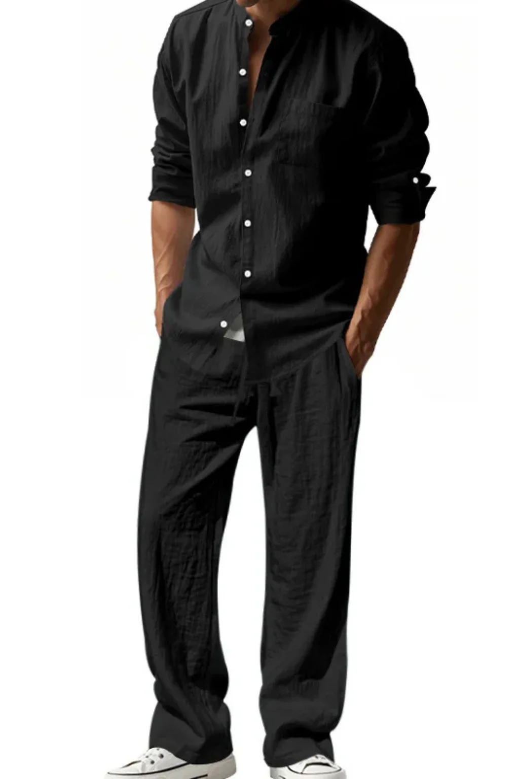 Stanton | Men Grandad Collar Long Sleeve Linen Shirt and Straight Leg Trousers Set - Image 3