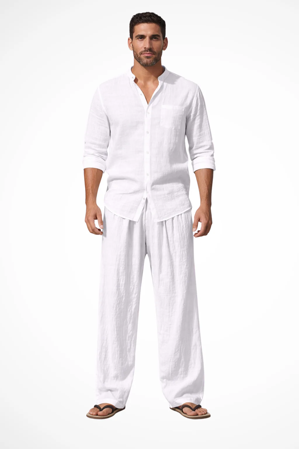 Stanton | Men Grandad Collar Long Sleeve Linen Shirt and Straight Leg Trousers Set - Image 4