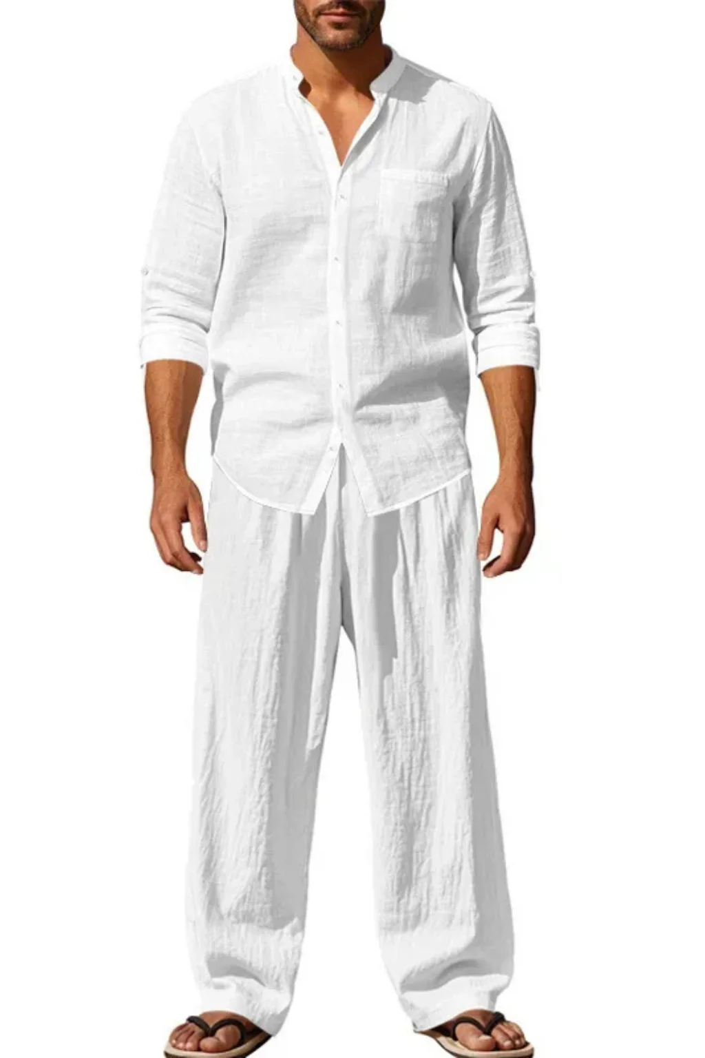 Stanton | Men Grandad Collar Long Sleeve Linen Shirt and Straight Leg Trousers Set - Image 5