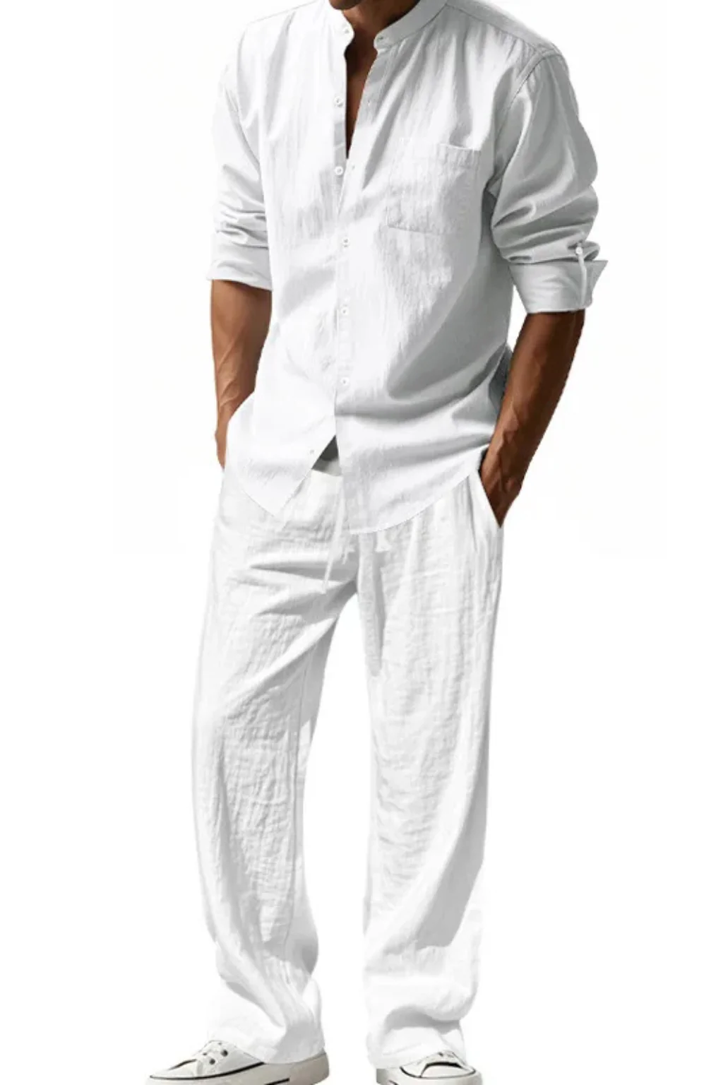 Stanton | Men Grandad Collar Long Sleeve Linen Shirt and Straight Leg Trousers Set - Image 6