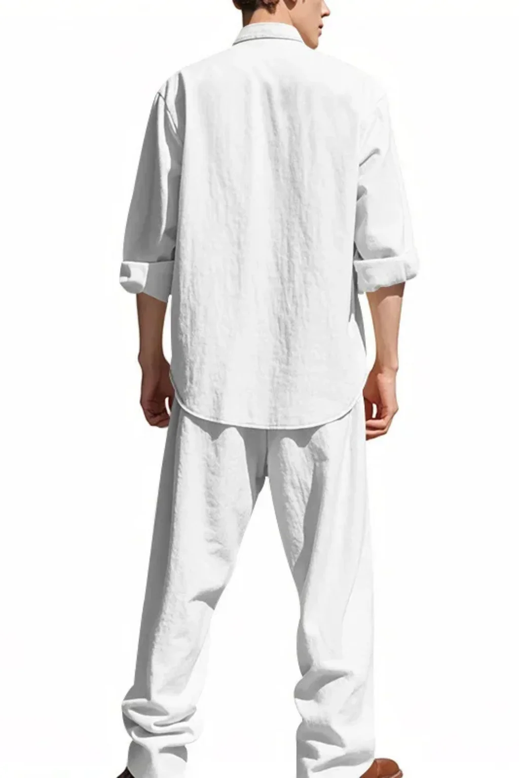 Stanton | Men Grandad Collar Long Sleeve Linen Shirt and Straight Leg Trousers Set - Image 7