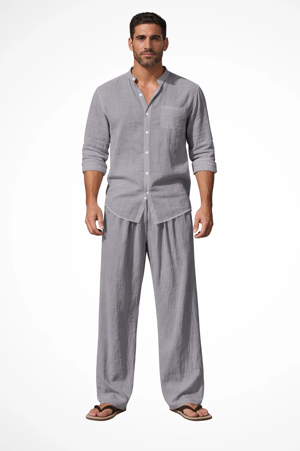 Stanton | Men Grandad Collar Long Sleeve Linen Shirt and Straight Leg Trousers Set - Image 8
