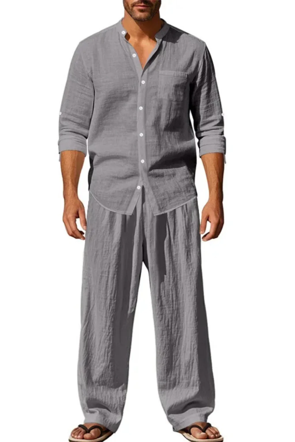 Stanton | Men Grandad Collar Long Sleeve Linen Shirt and Straight Leg Trousers Set - Image 9