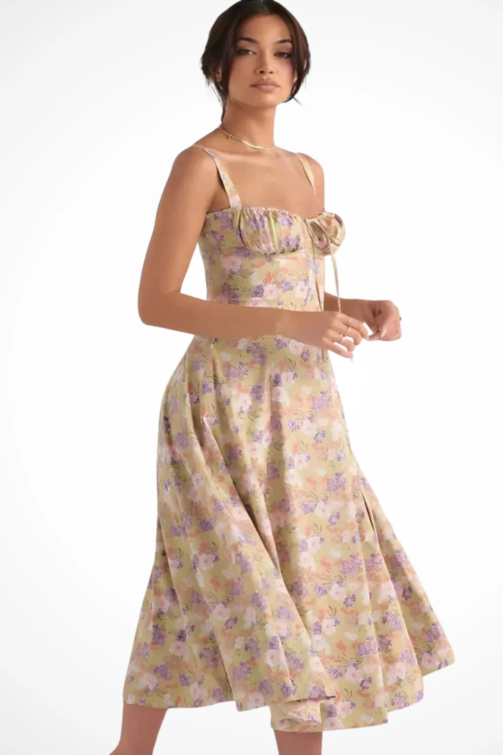 Tabitha | Women Square Neck Bow Detail Corset Wedding Guest Floral Midi Dress - Image 8