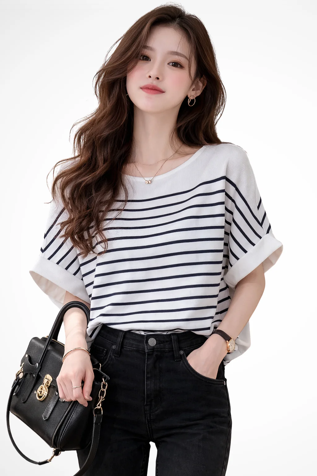 Tilda | Women Oversized Round Neck Half Sleeve Striped Shirt - Image 4