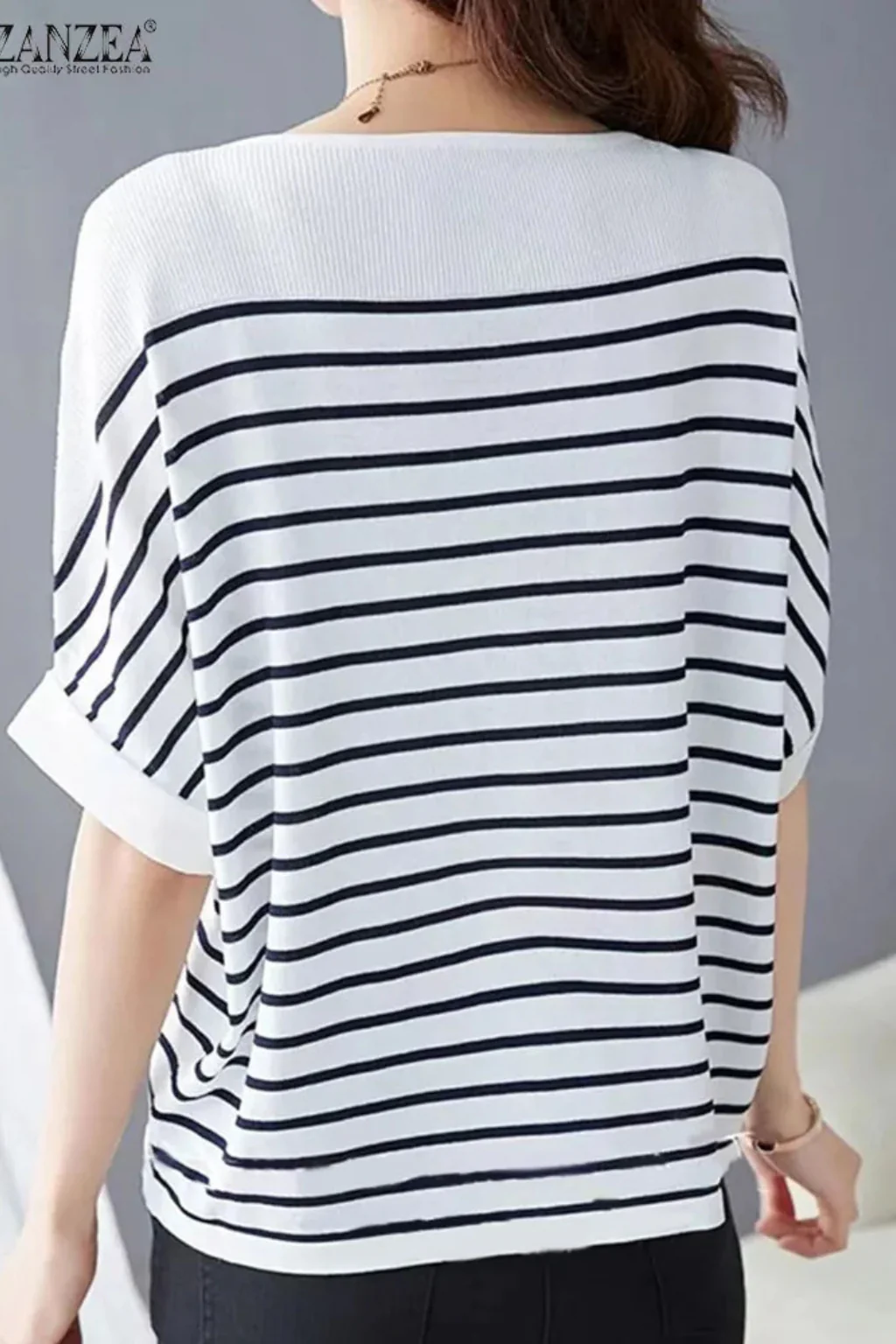 Tilda | Women Oversized Round Neck Half Sleeve Striped Shirt - Image 5