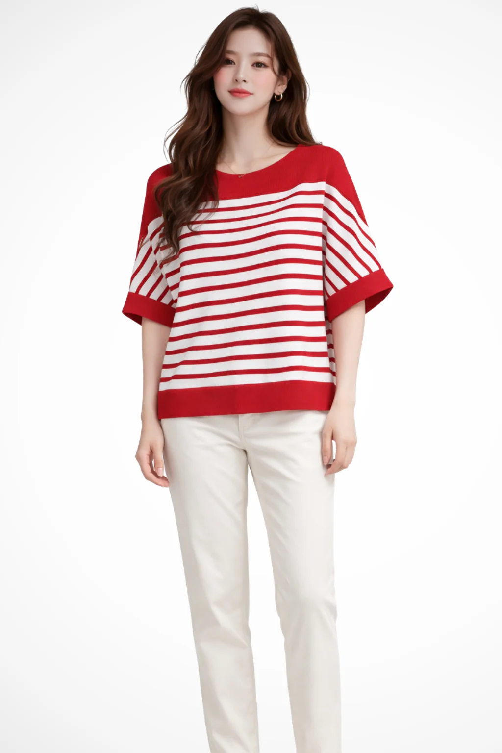 Tilda | Women Oversized Round Neck Half Sleeve Striped Shirt - Image 6